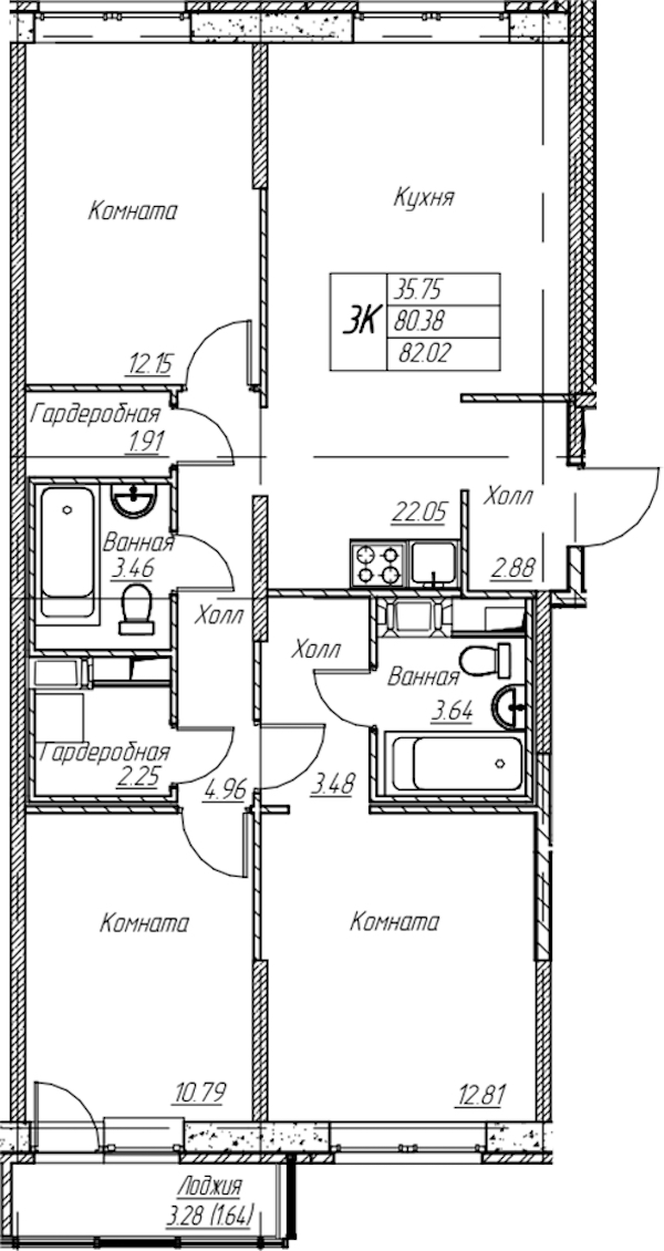 3-комнатная квартира 82.02 м², 2/22 эт., ЖК «Парк-квартал Юнтолово»